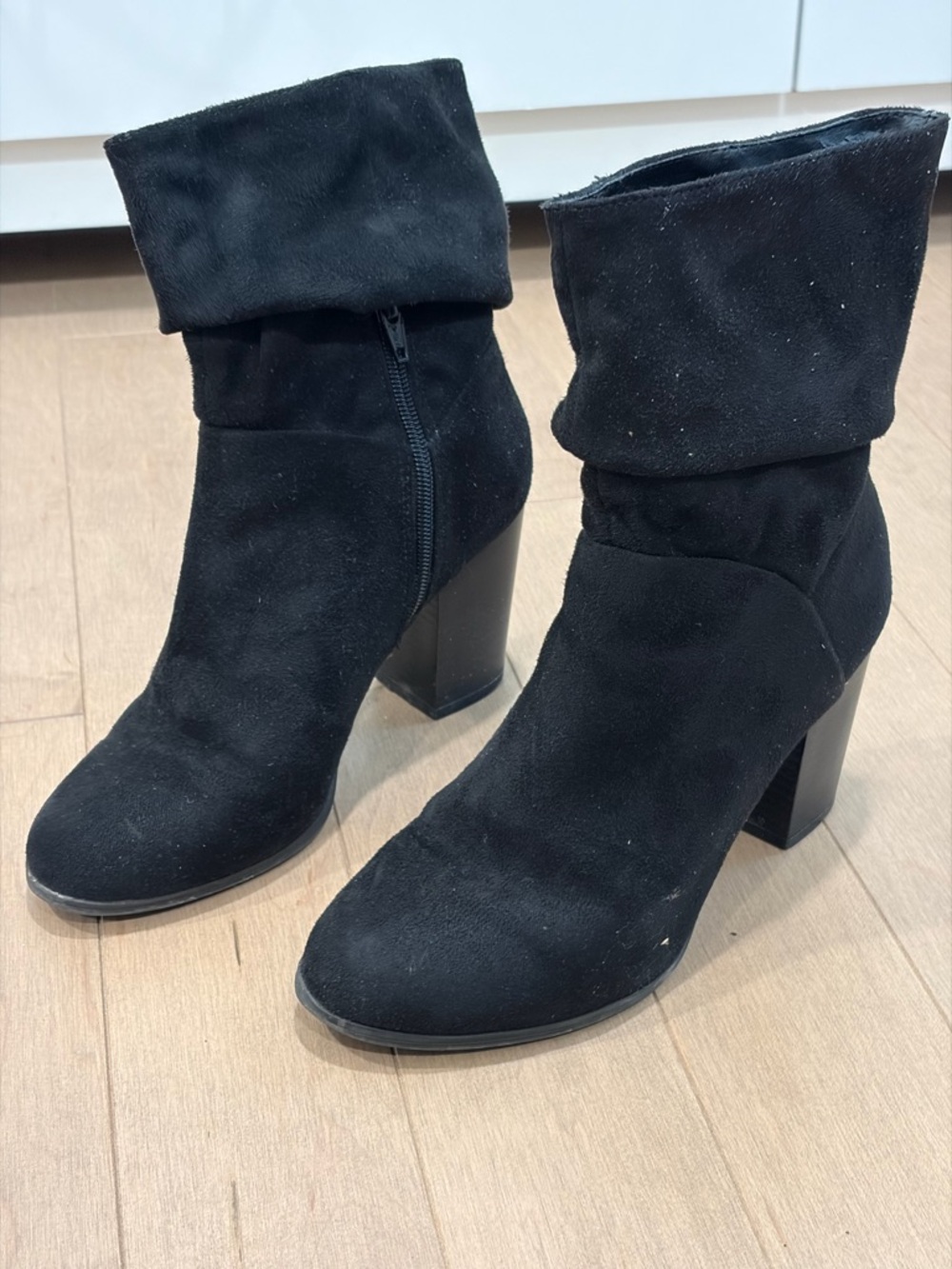 Black Suede Fold-Over Ankle Boots - Women
